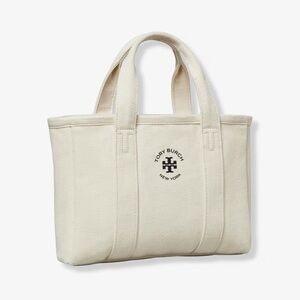 NWT TORY BURCH Mini Mercer Tote Hand Bag Purse Ivory Canvas Black Logo